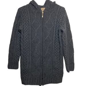 Vintage Blarney Sweater Jacket Merino Wool Full Zip Hood Cable Fisherman Knit XS